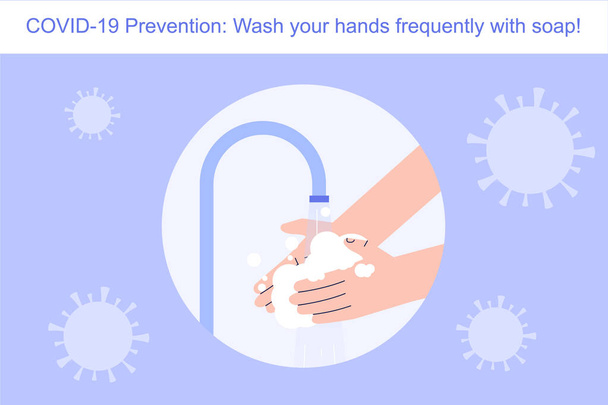 Coronavirus Covid-19 novel prevention concept. Washing hands with soap to protect himself from risk. Safety rule to preventing infection in crowd. Infographics vector illustration - Wektor, obraz
