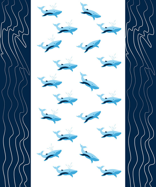 Roztomilé velryby s kreslicími vlnami design vzor. Vektorová ilustrace. Kreslení vln. - Vektor, obrázek