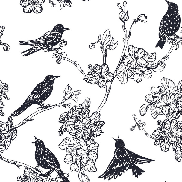 στάρλινγκ και ανθοφόρα κλαδιά αδιάλειπτη διακόσμηση σιλουέτες πουλιών και λουλουδιών - Διάνυσμα, εικόνα