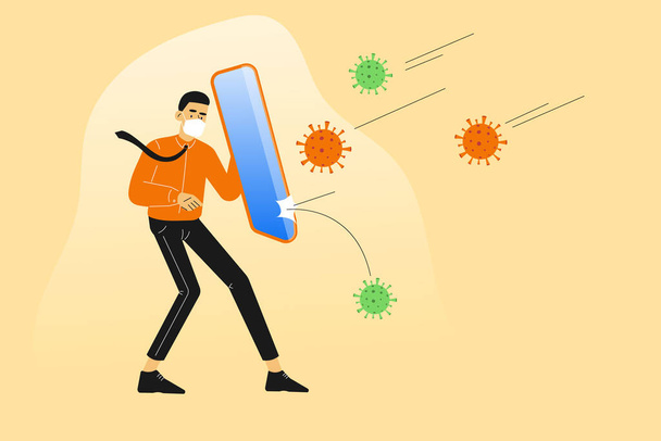 COVID-19 novel. Businessman or manager holding shield to protect himself from Coronavirus germs. Protection mask and quarantine. Business risk prevention from virus outbreak. Vector illustration - Vector, Image