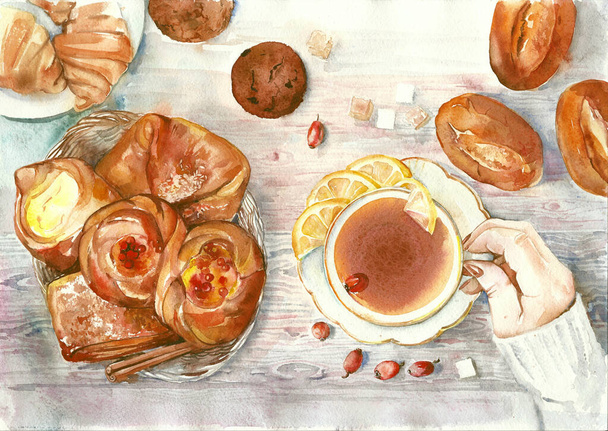 Finom reggeli, friss kenyér és reggeli ital. Akvarell illusztráció kézzel. - Fotó, kép