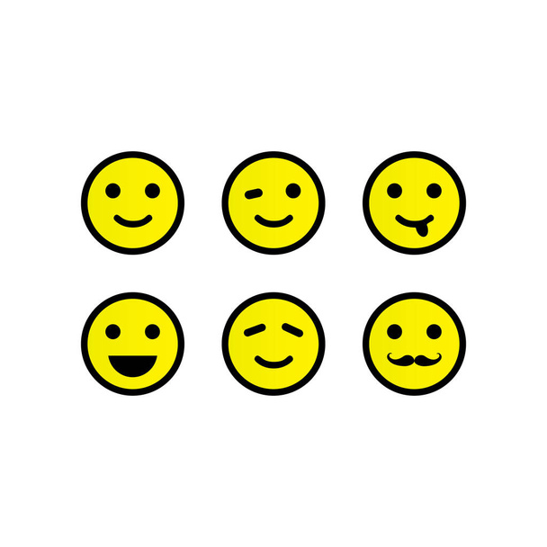 Lächeln, Emojis oder Gesichter mit Emotionen der Freude, Zufriedenheit. Set von Emoticon-Symbolen. Illustrationen von Gesichtsausdrücken in gelb isoliert auf weißem Hintergrund. Vektor EPS 10 - Vektor, Bild
