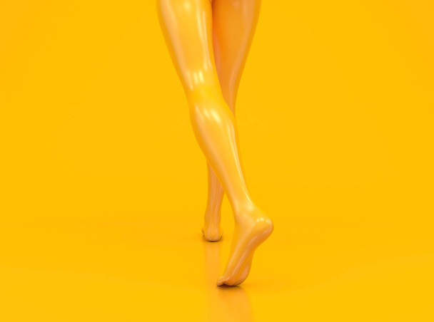 黄色の光沢のある黄色の背景に女性の足。スレンダー裸足の女性が歩いている。黄色のマネキンや彫刻。創造的な概念的な3Dレンダリング。スペースのコピー - 写真・画像