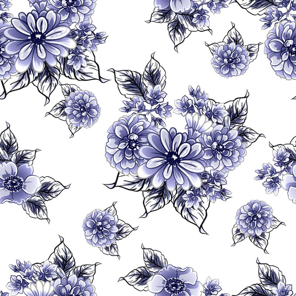 Seamless blue monochrome vintage style flowers pattern - Vettoriali, immagini