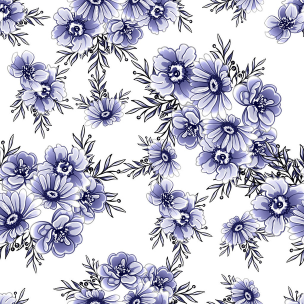 Seamless blue monochrome vintage style flowers pattern - Vektor, kép