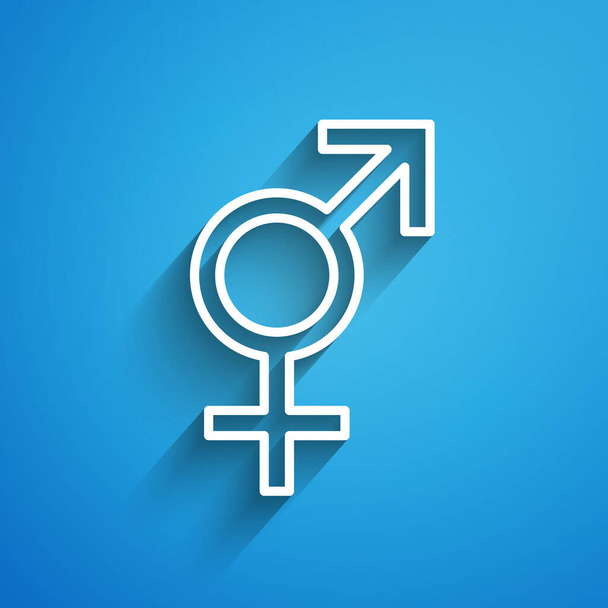 White line Gender icon isolated on blue background. Symbols of men and women. Sex symbol. Long shadow. Vector Illustration - Vektör, Görsel