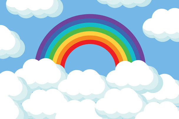 Rainbow with clouds. Bright vector illustration on blue sky background. - Vector, Image