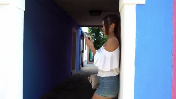 4K, Asia woman travel and using a smart phone in street of Burano island with beautiful and colourfully painted houses. Person holding a mobile for surfing internet, checks social network-Dan - Footage, Video