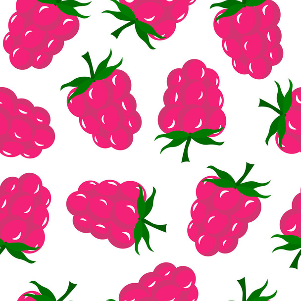 白い背景にピンクのラズベリーのパターン。ベクトルデザイン。夏の背景。健康な葉のコレクション.  - ベクター画像
