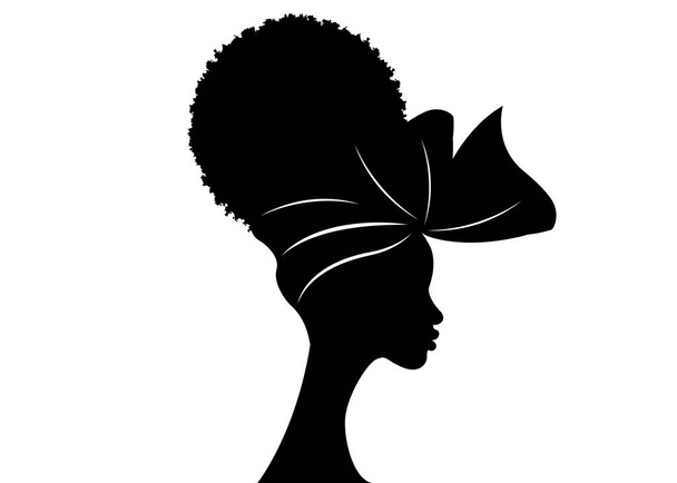 muotokuva kaunis Afrikkalainen nainen perinteinen turbaani ja Afro kihara kihara tukka, musta naisten vektori siluetti eristetty, logo suunnittelu kampauksen käsite
  - Vektori, kuva