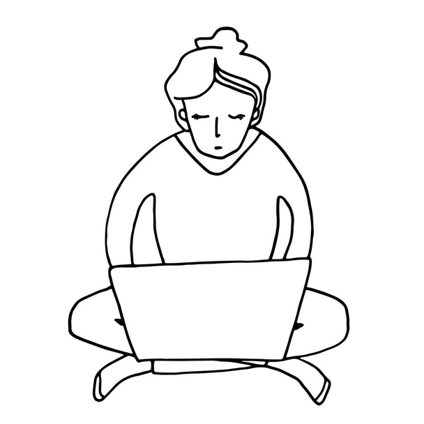 Lavoro dal concetto di casa. Donna seduta con computer portatile. Illustrazione vettoriale scarabocchiata disegnata a mano. Contorno nero isolato su bianco. Scrittore, freelance, studente, blogger, persona in quarantena digitando
. - Vettoriali, immagini
