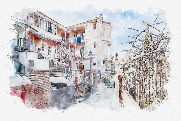Watercolor sketch or illustration of the traditional European urban architecture in Tbilisi. Capital of Georgia - Photo, Image