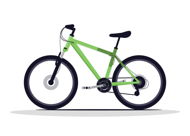 Зеленый велосипед полуплоская векторная иллюстрация RGB. Автомобиль на открытом воздухе. Транспорт для экстремального спорта. Упражнения для активного образа жизни. Классический велосипед изолированный мультяшный объект на белом фоне
 - Вектор,изображение