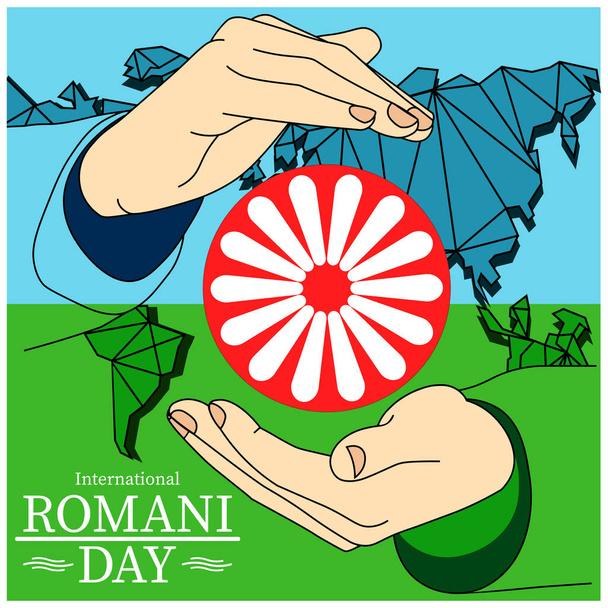Σημαία και τροχός της Διεθνούς Ημέρας Romani χαραγμένη στην επιγραφή που κρατά το χέρι επίπεδη εικόνα σε μοντέρνο σχεδιασμό χρωμάτων σε απομονωμένο λευκό φόντο. Διανυσματικό EPS 10 - Διάνυσμα, εικόνα