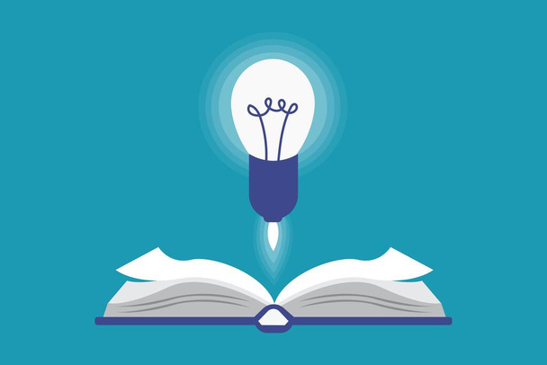 Белая лампочка выходит из книги как ракета, изолированная на синем фоне. Образование и яркая концепция идей. Eps 10 векторная иллюстрация, плоский стиль минималистичный дизайн
 - Вектор,изображение