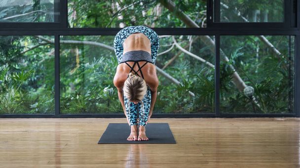Concept of flexibility and stretching. Panoramic view of young adult athletic woman standing in head to knee position, practicing yoga in gym class, training on mat in room with copy space - 写真・画像