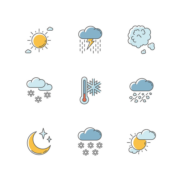 Sky clarity and precipitation RGB color icons set. Seasonal weather forecast, meteorological report. Atmosphere condition prediction. Isolated vector illustrations - Vektori, kuva
