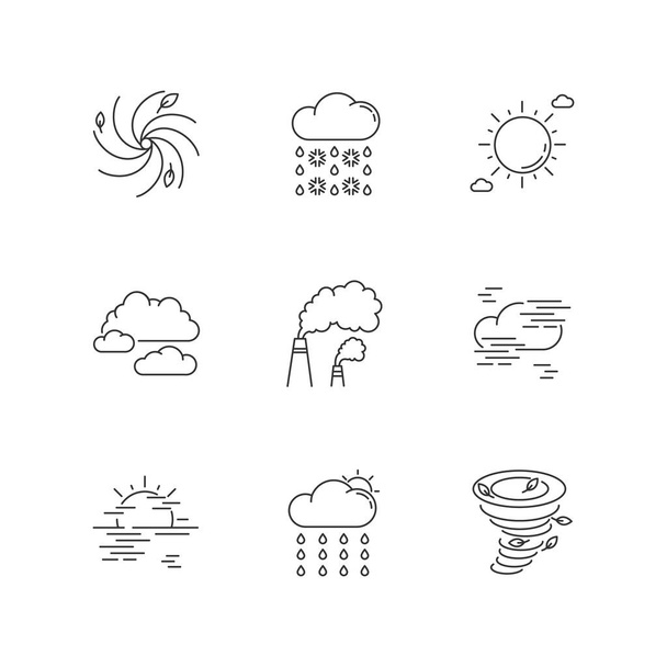Meteorology pixel perfect linear icons set. Weather forecasting science, environment condition prediction customizable thin line contour symbols. Isolated vector outline illustrations. Editable stroke - ベクター画像