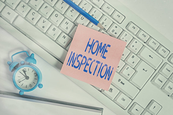 Handwriting text Home Inspection. Concept meaning Examination of the condition of a home related property Empty copy space red note paper bubble above pc keyboard for text message. - Photo, Image