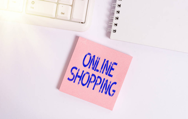 Word writing text Online Shopping. Business concept for allows consumers to buy their goods over the Internet Empty note paper on the white background by the pc keyboard with copy space. - Foto, Imagem