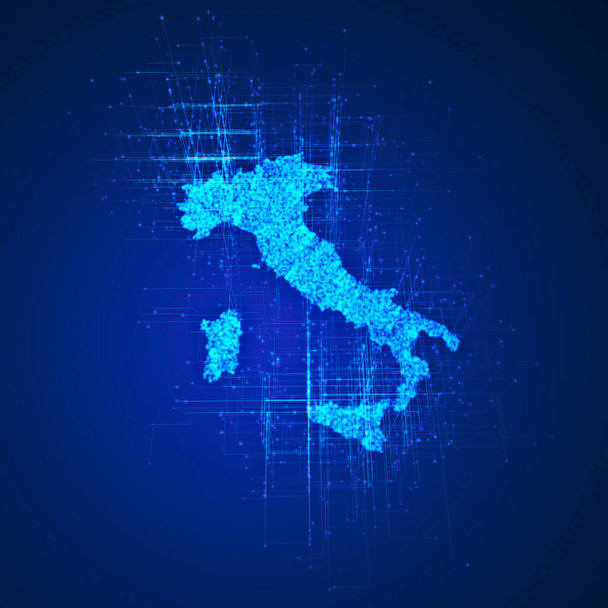 İtalya haritası, bağlantılar, ağ. Akıllı çalışma, dijital hale getirme ve gelecek. Teknolojik yenilik ve internet ağı. Geniş bant, bilgisayarlaştırma ve dijital dünya. Sanal gerçeklik. 3d hazırlayıcı - Fotoğraf, Görsel