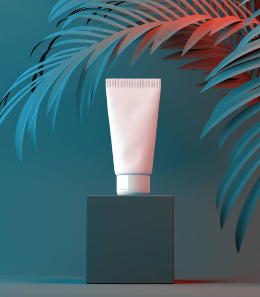 natural cosmetic cream , serum, skincare blank bottle packaging with leaves herb. bio organic product. Content product placement. 3d illustration - Φωτογραφία, εικόνα