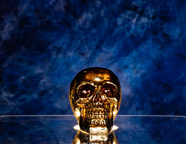voodoo ritual with skull and magic potion in the glass glowing - Photo, Image