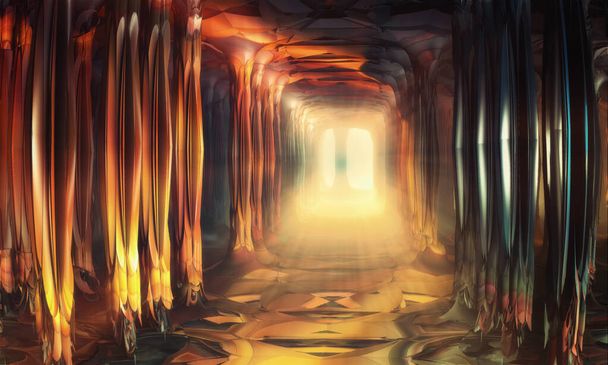 Fantastyczny korytarz, tunel z kolumnami, światło na końcu. Ilustracja 3D - Zdjęcie, obraz