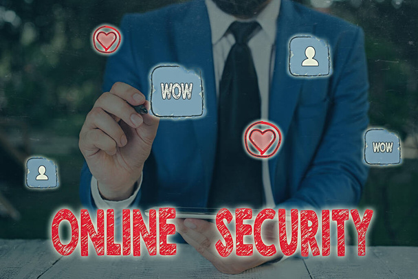 Handschrift tekst Online Security. Concept betekent regels om te beschermen tegen aanvallen via internet. - Foto, afbeelding