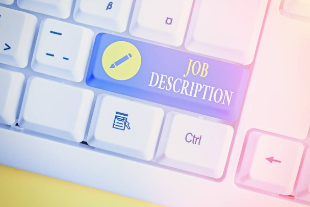 Text sign showing Job Description. Conceptual photo A document that describes the responsibilities of a position. - Photo, Image