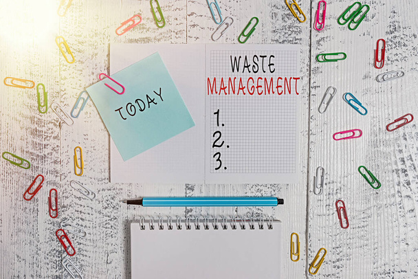 Handwriting text writing Waste Management. Concept meaning actions required manage rubbish inception to final disposal Squared spiral notepad clips note highlighter lying old wooden background. - Photo, Image