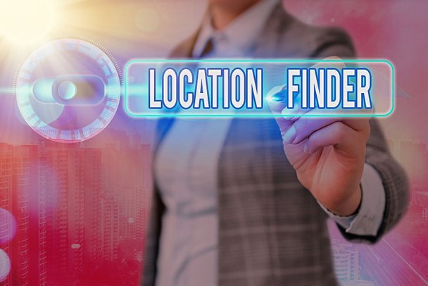 Annotazione di scrittura che mostra Location Finder. Business photo showcase Un servizio in evidenza per trovare l'indirizzo di un luogo selezionato
. - Foto, immagini