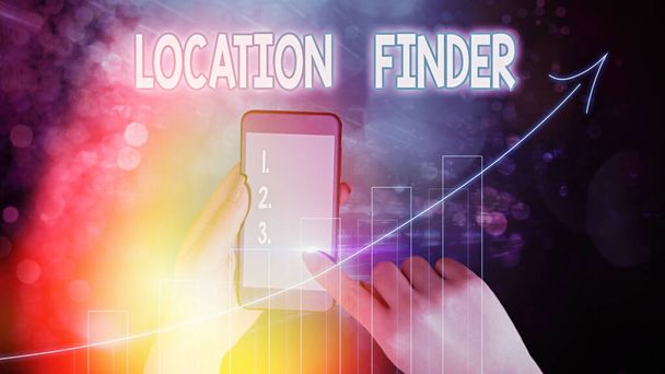 Text sign showing Location Finder. Conceptual photo A service featured to find the address of a selected place. - Photo, Image