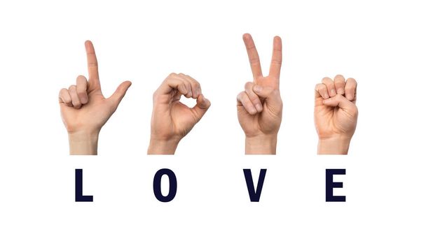 Woord liefde vinger spellen in Amerikaanse gebarentaal ASL - Foto, afbeelding