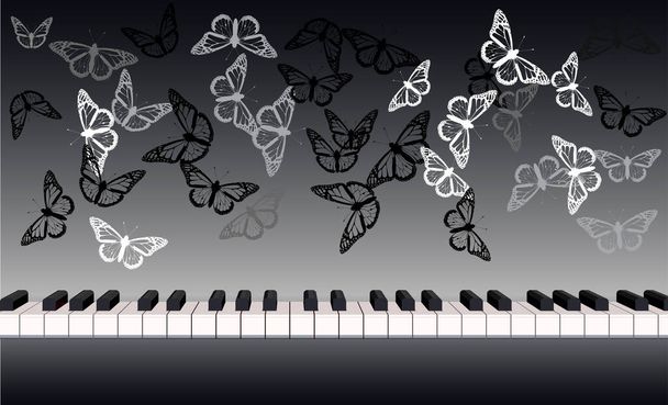 Piano keyboard banner panoramic front view with butterflies - Vecteur, image
