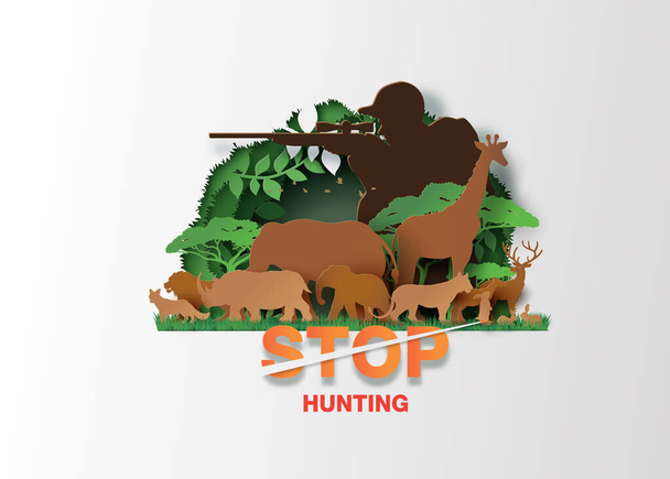 Concept of stop hunting animal with shooter and animal - Vector, Image