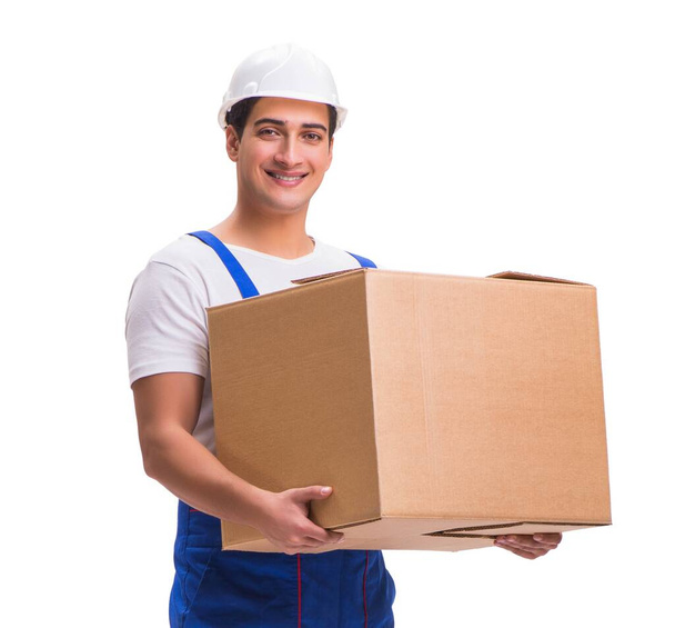Uomo consegna scatola isolata su bianco
 - Foto, immagini
