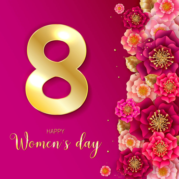 8 March. Floral Greeting card. International Happy Women's Day. Paper cut flower pink holiday background. Trendy Design Template. Vector illustration - Vector, Image