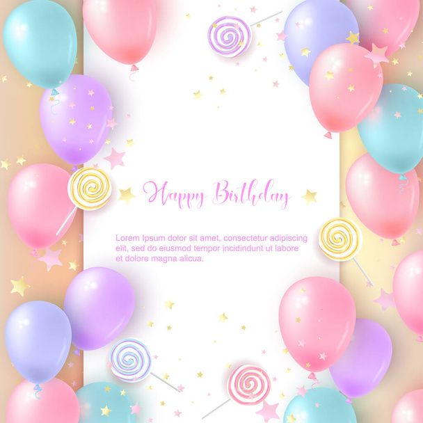 Verjaardagskaart met kleurrijke ballonnen, snoep en confetti. Vectorillustratie - Vector, afbeelding