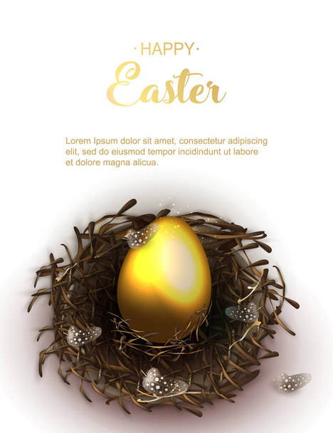 Happy Easter holiday greeting banner. Beautiful background with realistic wicker nest and golden egg fand chicken feathers on white background. Holiday vector illustration - Vector, Image