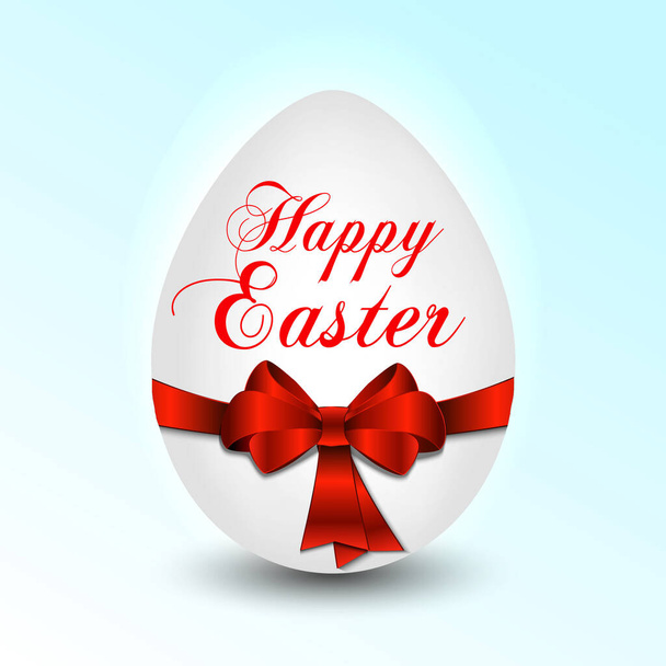 Happy easter poster, egg with red bow on blue background. Vector illustration - Vektor, obrázek