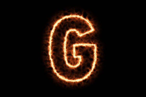 火燃焼形成文字G 、黒の背景に隔離された資本英語のアルファベットテキスト文字。3Dレンダリングイラスト。ホットフレーミング点火記号と煙. - 写真・画像