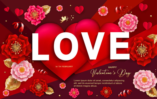 Happy Valentines day banner with beautiful colorful flowers and hearts. Can be used for template, banners, wallpaper, flyers, invitation, posters, brochure, voucher discount. Vector illustration  - ベクター画像