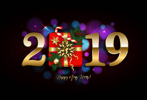 Feliz Ano Novo 2019 com presente, ramo de pinho, no fundo escuro do bokeh. Ilustração vetorial
 - Vetor, Imagem
