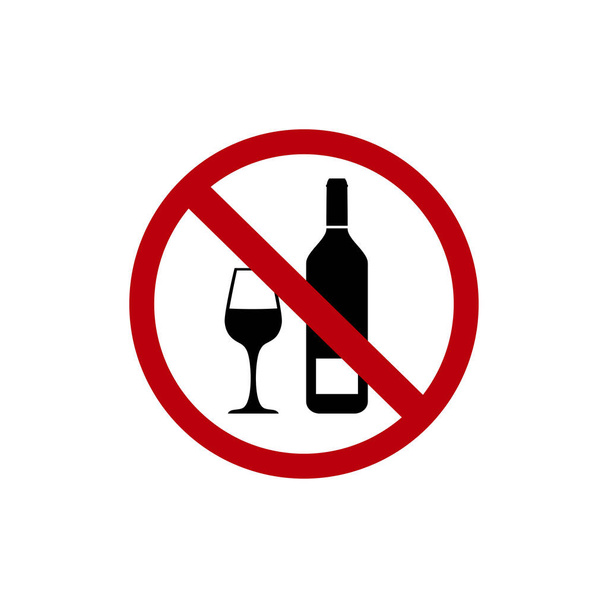 Не пить алкоголь или вино с красным запрещенным знаком и винным бокалом и бутылкой плоского векторного значка
 - Вектор,изображение