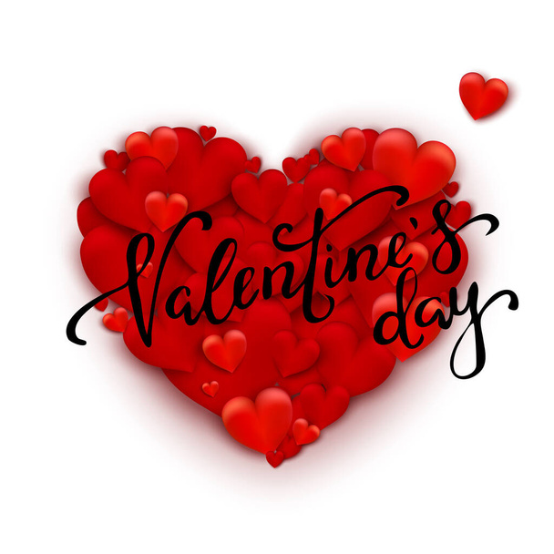 Realistické 3D barevné červené romantické Valentýna srdce pozadí plovoucí s Happy Valentines Day Zdravím. Vektorová ilustrace - Vektor, obrázek