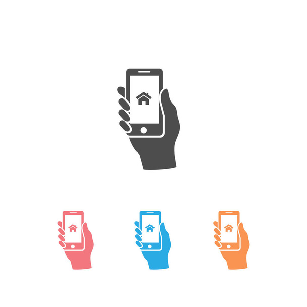 Smart home and network connect concept. Human hand holding phone and smart home application. Vector icon set - Vector, Image