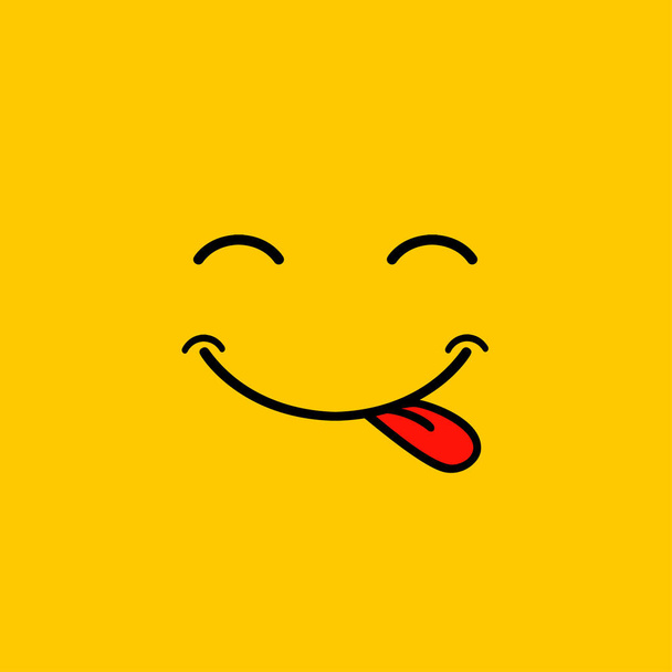 Yummy hymy sarjakuva linja hymiö kielen nuolla suu. Herkullinen maukas ruoka syö emoji kasvot keltainen vektori suunnittelu tausta
 - Vektori, kuva