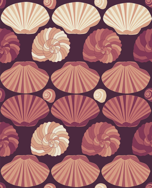 Seamless repeating pattern of shells on dark red background - Vector, Imagen