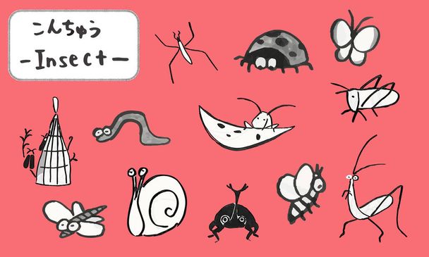 筆で描いた手描きの昆虫、かわいい動物のイラスト - ベクター画像